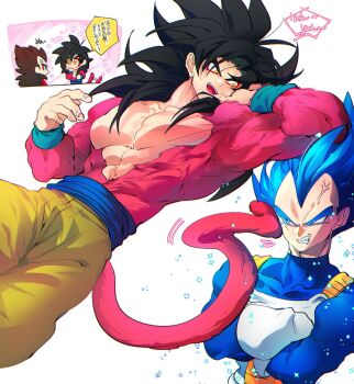 Rule 34 | 2boys, black hair, blue eyes, blue sash, dougi, dragon ball, dragon ball gt, dragon ball super, dragon ball z dokkan battle, gloves, highres, long hair, monkey boy, monkey tail, multiple boys, muscular, muscular male, ommmyoh, open mouth, pants, red fur, saiyan, sash, smile, son goku, spiked hair, super saiyan, super saiyan 4, super saiyan blue evolved, tail, twitter username, vegeta, yellow pants