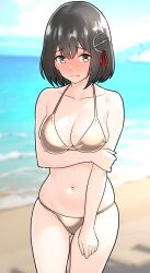 Rule 34 | 1girl, alternate costume, arm under breasts, bare arms, beach, bikini, black hair, blue sky, blurry, blurry background, blush, breasts, brown eyes, cleavage, closed mouth, cloud, collarbone, day, embarrassed, full-face blush, furaggu (frag 0416), gold bikini, grabbing own arm, haguro (kancolle), hair between eyes, hair ornament, highres, kantai collection, large breasts, medium breasts, navel, ocean, outdoors, short hair, sky, solo, standing, swimsuit