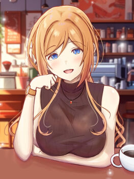 1girl amadam_(dere) arm_under_breasts black_sweater blue_eyes breasts brown_hair cafe coffee commentary_request gakuen_idolmaster highres himesaki_rinami idolmaster indoors jewelry large_breasts long_hair looking_at_viewer necklace pov_across_table ribbed_sweater sleeveless sleeveless_sweater solo sweater watch wristwatch