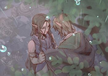 1boy 1girl bare_shoulders black_cloak blonde_hair blurry blurry_foreground brick_road brown_hair cloak dress earrings elbow_gloves from_above furrowed_brow gloves hair_between_eyes helikasei hood hood_down hooded_cloak jewelry link looking_at_another nintendo pointy_ears princess_zelda purple_dress rain sidelocks the_legend_of_zelda the_legend_of_zelda:_twilight_princess tree wet white_gloves