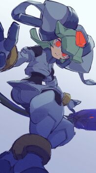 1girl armor crop_top forehead_jewel glowing glowing_eyes gradient_background green_hair helmet lemon_inu looking_at_viewer mega_man_(series) mega_man_zx model_w_(mega_man) pandora_(mega_man) power_armor red_eyes revision ringed_eyes sketch staff white_helmet