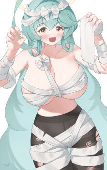 1girl absurdres ahoge aqua_hair bandages blue_archive breasts breasts collarbone halo highres huge_breasts mummy mummy_costume narrow_waist pantyhose revealing_clothes simple_background solo tomid white_background yellow_eyes yellow_halo yume_(blue_archive)