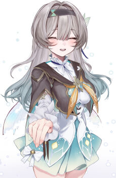 Rule 34 | 1girl, black hairband, black jacket, breasts, closed eyes, commentary request, cracked skin, dress, facing viewer, firefly (honkai: star rail), gradient hair, green dress, grey hair, hair between eyes, hair ornament, hairband, highres, honkai: star rail, honkai (series), jacket, long hair, medium breasts, multicolored eyes, multicolored hair, neckerchief, open mouth, orange neckerchief, sakusaku (616saku), smile, solo, white background, white dress