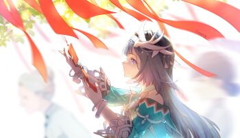 Rule 34 | 3girls, absurdres, black hair, bracelet, chinese commentary, closed mouth, commentary request, dress, from side, genshin impact, green dress, green eyes, hair ornament, highres, holding, jewelry, lan yan (genshin impact), long hair, long sleeves, multiple girls, prayer ribbon, purple eyes, ten young pigeons