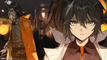 1boy 1girl absurdres black_hair black_shirt coat coat_on_shoulders copyright_name copyright_notice facial_hair goatee_stubble green_eyes grey_jacket highres indoors jacket logo looking_at_viewer medium_hair mofei_(xinyue_tongxing) official_art official_wallpaper orange_coat parted_lips ponytail shirt stubble upper_body white_coat xinyue_tongxing