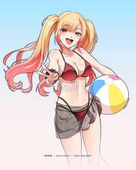 1girl alternate_hairstyle ball beachball bikini blonde_hair bow breasts cleavage commentary commission english_commentary gradient_hair heyreza.art highres holding holding_ball holding_beachball kitagawa_marin large_breasts multicolored_hair navel open_mouth pink_eyes pink_hair red_bikini red_bow scrunchie see-through_clothes see-through_skirt sidelocks skirt smile solo sono_bisque_doll_wa_koi_wo_suru swimsuit twintails watermark wrist_scrunchie