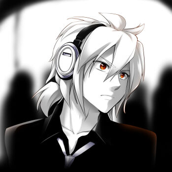 1boy caffein headphones honne_dell male_focus necktie red_eyes short_hair solo spot_color vocaloid