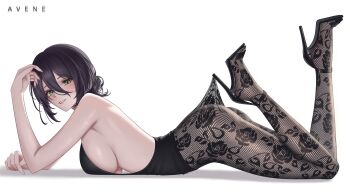 1girl artist_name avene_chan backless_dress backless_outfit black_dress black_pantyhose black_shoes breasts chainsaw_man dress feet_up from_side green_eyes hair_between_eyes hair_bun hashtag-only_commentary high_heels highres hooked_on_heel lace_pantyhose lace_pantyhose_hooked_on_heel_(meme) large_breasts long_hair_between_eyes looking_at_viewer lying meme on_stomach pantyhose parted_lips purple_hair reze_(chainsaw_man) shoes short_hair sideboob simple_background single_hair_bun solo white_background