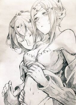 1boy 1girl bare_shoulders blush bra breasts cleavage closed_eyes couple edelgard_von_hresvelg edelgard_von_hresvelg_(timeskip) fire_emblem fire_emblem:_three_houses graphite_(medium) greyscale hug hug_from_behind kissing_shoulder male_byleth_(fire_emblem) medium_breasts monochrome navel nintendo panties shiratsu_(white-seaside) sweat traditional_media underwear undressing_another upper_body