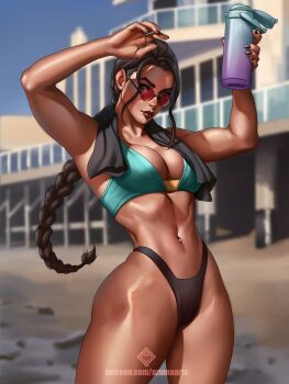 1girl aqua_bra arms_up artist_name azuma_yasuo black_nails black_panties blurry blurry_background bottle bra braid braided_ponytail brown_eyes brown_hair day depth_of_field highres holding holding_bottle lara_croft long_hair looking_at_viewer navel navel_piercing outdoors panties patreon_username piercing red-tinted_eyewear round_eyewear solo tinted_eyewear tomb_raider towel towel_around_neck underwear water_bottle watermark web_address