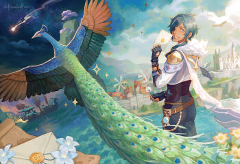 1boy aircraft airship antenna_hair aqua_background arm_belt artist_name belt bird blue_background blue_eyes blue_flower blue_hair blue_sky brown_belt building cape castle cherry_blossoms cloud cloudy_sky commentary dandelion dandelion_clock dark-skinned_male dark_skin day driftwoodwolf earrings english_commentary envelope eyepatch feet_out_of_frame fingerless_gloves flower from_behind fur-trimmed_cape fur_trim genshin_impact glaze_lily gloves grey_gloves grey_hair grey_pants grin hair_over_shoulder hand_up highres holding holding_envelope holding_flower holding_letter house in-universe_location jewelry kaeya_(genshin_impact) letter long_hair looking_at_viewer looking_back male_focus map meteor mixed-language_commentary mountain mountainous_horizon multicolored_hair one_eye_covered orange_flower pants parted_lips peacock ponytail shirt sky smile solo sparkle standing star_(sky) starry_sky streaked_hair sunlight teeth tree turning_head two-tone_hair vision_(genshin_impact) watermark wax_seal white_cape white_shirt windmill yellow_flower