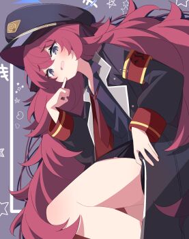 1girl armband blue_archive blue_halo grey_background grey_eyes grey_jacket grey_shirt grey_skirt halo highres index_finger_raised iroha_(blue_archive) jacket long_hair looking_at_viewer necktie red_armband red_hair red_necktie sasanoha_(sasanoha0712) shirt skirt solo thighs