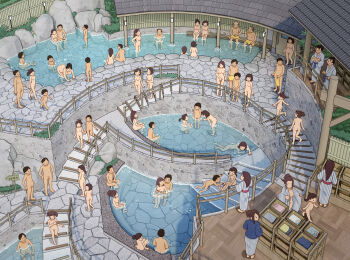 6+boys 6+girls ass bathrobe black_hair breasts brown_hair changing_room check_commentary commentary_request completely_nude covering_crotch covering_privates erection flaccid from_above glasses grabbing_another's_breast grabbing_from_behind groping handjob hetero highres kiyo_(kyokyo1220) loli mixed-sex_bathing multiple_boys multiple_girls navel nipples nude onsen original peeking penis photoshop_(medium) ponytail revision shared_bathing short_twintails shota sign sitting slice_of_life stairs twintails water zenra
