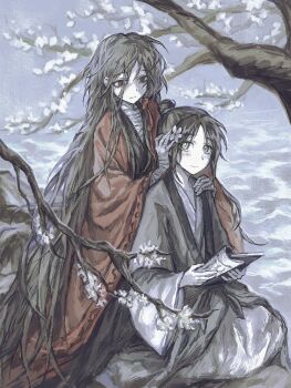 2boys absurdly_long_hair absurdres aged_down bandaged_arm bandaged_hand bandaged_neck bandages black_hair black_hanfu book branch brown_hair cherry_blossoms chinese_clothes chinese_commentary closed_mouth coat cocito dao_gui_yi_xian flower grey_eyes grey_hanfu hair_between_eyes hair_bun hair_flower hair_ornament hair_ribbon hand_on_another&#039;s_head hand_on_another&#039;s_shoulder hanfu highres holding holding_book in_tree ji_zai li_huowang long_hair long_sleeves looking_at_another low-tied_sidelocks male_focus messy multiple_boys official_alternate_hair_length official_alternate_hairstyle outdoors red_coat red_eyes red_ribbon ribbon sidelocks single_hair_bun sitting sitting_in_tree smile tree very_long_hair water white_flower wide_sleeves yaoi zhuge_yuan