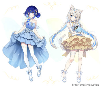 2girls animal_ear_fluff animal_ears bare_shoulders blue_dress blue_eyes blue_hair blue_shoes breasts brown_hair brown_skirt center_frills character_request closed_mouth collarbone commentary_request detached_sleeves dress first_stage_production frilled_dress frills hair_bun hair_ornament hugging_object kutata layered_skirt long_hair long_sleeves multicolored_hair multiple_girls pleated_skirt purple_eyes see-through_clothes shirt shoes single_side_bun skirt sleeveless sleeveless_shirt small_breasts smile standing strapless strapless_dress streaked_hair thighhighs two-tone_hair very_long_hair virtual_youtuber white_shirt white_shoes white_sleeves white_thighhighs