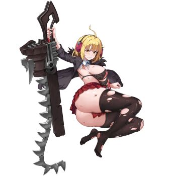 Rule 34 | 1girl, ahoge, ass, black bra, black jacket, black thighhighs, blonde hair, blush, bra, bracelet, breasts, broken, broken weapon, bruise, bruise on arm, bruise on chest, chainsaw, checkered clothes, checkered skirt, clenched teeth, collared shirt, food, full body, fur-trimmed jacket, fur trim, hair ornament, haru estia, headphones, highres, holding, holding sword, holding weapon, huge ass, injury, inverted nipples, jacket, jewelry, lace, lace-trimmed bra, lace bra, lace trim, large breasts, last origin, looking at viewer, lying, miniskirt, nipple cutout, nipples, non-web source, official alternate costume, official art, on side, open clothes, open jacket, pleated skirt, red skirt, shirt, short hair, sideboob, simple background, skirt, solo, soulworker, sword, tachi-e, tearing up, teeth, thick thighs, thighhighs, thighs, torn clothes, torn shirt, torn thighhighs, transparent background, u-rix, underboob, underwear, v-shaped eyebrows, weapon, white shirt, yellow eyes