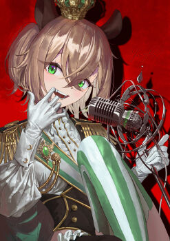 1girl absurdres aiguillette animal_ears black_corset brown_hair center_frills commentary corset crossed_bangs crown double-parted_bangs english_commentary epaulettes fang fangs frills gloves gold_trim green_eyes green_thighhighs hair_between_eyes highres holding holding_microphone indie_virtual_youtuber knee_up long_sleeves looking_at_viewer massiveyog microphone mini_crown nimi_nightmare one_side_up open_mouth puffy_long_sleeves puffy_sleeves red_background shirt short_hair simple_background smile solo striped_clothes striped_thighhighs tapir_ears tapir_girl thighhighs tilted_headwear vintage_microphone virtual_youtuber white_gloves white_shirt white_thighhighs
