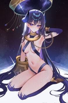 1girl absurdres adjusting_hair arm_up armpits asymmetrical_gloves blush breasts breasts_apart bubble99 colored_sclera commission gloves groin halo high_heels highres horns jewelry long_hair looking_at_viewer medium_breasts mismatched_gloves navel necklace original parted_lips purple_eyes purple_hair revealing_clothes seiza sideboob sitting solo sweat thighs underboob veil very_long_hair