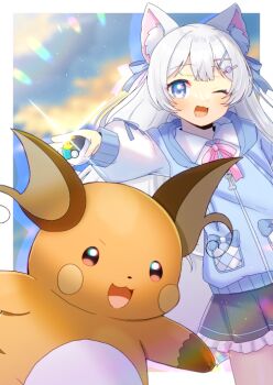 1girl ;d animal_ear_fluff animal_ears black_skirt blue_eyes blue_jacket blue_sky bow cloud collared_shirt commission copyright_request day frilled_skirt frills gen_1_pokemon grey_hair hair_ornament hairclip holding holding_poke_ball hood hood_down hooded_jacket jacket kou_hiyoyo long_hair long_sleeves nintendo one_eye_closed open_mouth pink_bow pleated_skirt poke_ball pokemon pokemon_(creature) puffy_long_sleeves puffy_sleeves raichu shirt skeb_commission skirt sky sleeves_past_wrists smile very_long_hair white_shirt x_hair_ornament