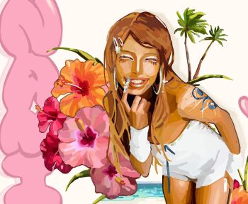 1girl alternate_costume alternate_design arm_warmers bent_over body_freckles character_name closed_eyes collage collage_background drop_shadow earrings face_piercing fashion finger_to_mouth fingernails floral_background flower freckles ganguro gem-studded_nails graffiti grills gyaru gyaru_makeup hair_ornament hair_over_shoulder hairpin hand_on_own_thigh highres hoop_earrings jewelry lip_piercing lipstick long_fingernails long_hair makeup multiple_hairpins nail_art nail_ornament nami_(one_piece) ocean one_piece orange_flower orange_hair palm_tree parody piercing pink_flower rabu99 ribbon-trimmed_clothes ribbon_trim shorts shoulder_freckles shoulder_tattoo smile strapless swept_bangs tan tattoo teeth tree tube_top white_arm_warmers white_background white_eyeshadow white_shorts white_tube_top