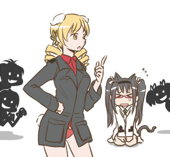 Rule 34 | > <, 5girls, :d, akemi homura, animal ears, blonde hair, cat ears, cat tail, closed eyes, cosplay, drill hair, evil smile, flying sweatdrops, formal clothes, francesca lucchini, francesca lucchini (cosplay), glasses, index finger raised, kaname madoka, kemonomimi mode, kneeling, long hair, mahou shoujo madoka magica, mahou shoujo madoka magica (anime), martina crespi, martina crespi (cosplay), miki sayaka, mizuhashi kaori, mukiki, multiple girls, open mouth, panties, pencil skirt, rabbit ears, rabbit tail, saitou chiwa, sakura kyoko, seiza, silhouette, silhouette demon, silver hair, simple background, sitting, skirt, smile, strike witches, strike witches: kurenai no majo-tachi, suit, tail, tomoe mami, underwear, voice actor connection, white background, world witches series, yellow eyes