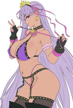 Rule 34 | 1girl, absurdres, bare shoulders, bb (fate), bb (swimsuit mooncancer) (second ascension) (fate), bead bracelet, beads, bikini, black gloves, black shorts, black thighhighs, bracelet, breasts, cleavage, dark-skinned female, dark skin, fate/grand order, fate (series), fingerless gloves, flat color, garter belt, gloves, grin, hair ornament, hair ribbon, hairband, highres, jewelry, large breasts, long hair, looking at viewer, micro shorts, navel, neck ribbon, oldmanjenkins84, purple bikini, purple eyes, purple hair, purple ribbon, ribbon, shorts, smile, solo, star (symbol), star hair ornament, swimsuit, tan, thighhighs, thighs, very long hair
