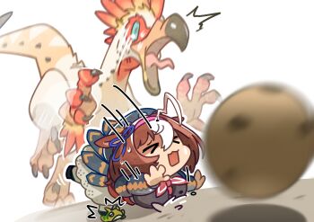 &gt;_&lt; 1girl absurdres ahoge animal_ears beak blue_eyes blue_sclera bow breasts brown_hair claws colored_sclera double-parted_bangs ear_ribbon egg falling feathers hair_between_eyes hairband hat highres horse_ears horse_girl kulu-ya-ku large_breasts long_sleeves medium_hair meisho_doto_(umamusume) monster monster_hunter_(series) multicolored_hair old-night open_mouth pink_hairband shirt short_hair skirt tail tongue tongue_out tripping two-tone_hair umamusume white_hair white_skirt
