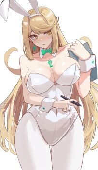 1girl absurdres amausa_subee animal_ears blonde_hair fake_animal_ears highres leotard mythra_(xenoblade) pantyhose playboy_bunny rabbit_ears simple_background solo white_background white_leotard xenoblade_chronicles_(series) xenoblade_chronicles_2 yellow_eyes