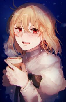 1girl :d absurdres ahoge arcueid_brunestud black_bow blonde_hair blush bow capelet coffee commentary cup disposable_coffee_cup disposable_cup dress drink floating_hair fur_capelet hair_between_eyes highres holding holding_drink looking_at_viewer official_alternate_costume open_mouth short_hair sidelocks smile steam sungoidekame sweater symbol-only_commentary tsukihime tsukihime_(remake) turtleneck turtleneck_sweater upper_body white_capelet white_dress white_sweater