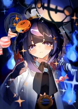 1girl belt belt_buckle black_dress black_hair bob_cut buckle candy chandelure closed_mouth coat dress eyelashes food gen_5_pokemon gloves gradient_hair gwynn_(pokemon) hair_ornament hat highres jack-o&#039;-lantern jack-o&#039;-lantern_hair_ornament looking_at_viewer multicolored_hair nintendo o-ring o-ring_belt open_clothes open_coat partially_fingerless_gloves pokemon pokemon_(creature) pokemon_legends:_z-a purple_eyes purple_hair ruto_(rutodesu) short_hair twitter_username upper_body white_coat