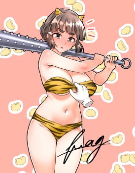 1girl absurdres animal_print bikini black_hair braid braided_bun breasts brown_eyes club club_(weapon) commentary_request cone_horns disembodied_hand fake_horns furaggu_(frag_0416) hair_bun highres holding holding_club holding_weapon horns kanabou kantai_collection large_breasts myoukou_(kancolle) navel oni_costume short_hair spiked_club strapless strapless_bikini swimsuit tiger_print weapon