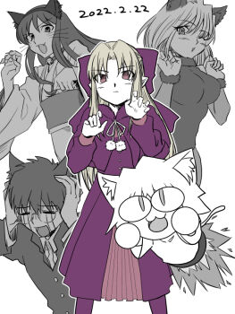 Rule 34 | 1boy, 4girls, animal ear fluff, animal ears, arcueid brunestud, arcueid brunestud (monster cat), bell, blush, bodystocking, bodysuit, bow, breasts, buttons, capelet, cat boy, cat ears, cat girl, cat tail, chibi, closed eyes, collared shirt, commentary request, crying, curtained hair, dress, dual persona, facial mark, fake animal ears, fangs, fingernails, flying, gakuran, glasses, hair between eyes, hair bow, hair intakes, hands on own head, japanese clothes, kagetsu tooya, kimono, large breasts, len (tsukihime), leotard, long hair, long sidelocks, looking at viewer, metarogu, monochrome, multiple girls, neck bell, neco-arc, official alternate costume, one eye closed, open mouth, paw pose, pointy ears, pom pom (clothes), purple bow, purple capelet, purple dress, purple eyes, sash, school uniform, sharp fingernails, shirt, short hair, sidelocks, smile, streaming tears, tail, tears, tohno akiha, tohno shiki, tsukihime, whisker markings