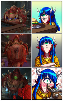 1girl 3d blue_hair blush burger cacodemon creature_and_personification cyclops demon_girl doom_(series) doom_eternal embarrassed food green_eyes grin highres horns looking_at_viewer one-eyed personification photo_inset pointy_ears poking_nose pov reference_inset sharp_teeth shirt smile substance20 surprised teeth wavy_mouth yellow_shirt