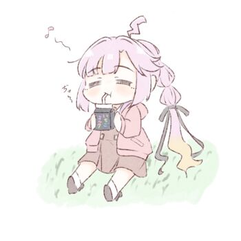 1girl =_= ahoge amano_tatsu anyoji_hime black_bow black_ribbon black_shoes blonde_hair blunt_bangs bow bow_legwear brown_dress closed_eyes commentary_request deformed dress drink_carton drinking drinking_straw drinking_straw_in_mouth eighth_note full_body gradient_hair grass hair_intakes hair_ribbon hasu_no_sora_school_uniform highres holding holding_milk_carton hood hooded_jacket jacket link!_like!_love_live! long_hair long_sleeves love_live! medium_dress milk_carton multi-tied_hair multicolored_hair musical_note on_grass on_ground open_clothes open_jacket pink_hair pink_jacket pleated_dress ponytail ribbon sailor_collar sailor_dress school_uniform shoes sidelocks sitting socks solo swept_bangs very_long_hair virtual_youtuber white_sailor_collar white_socks winter_uniform