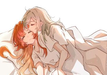 2girls 7nosuke closed_eyes closed_mouth grey_hair heads_together highres hug_from_side long_hair lying multiple_girls on_side orange_hair pillow reverse:1999 shared_blanket shirt short_sleeves sleeping sonetto_(reverse:1999) t-shirt under_covers vertin_(reverse:1999) very_long_hair white_background white_shirt yuri