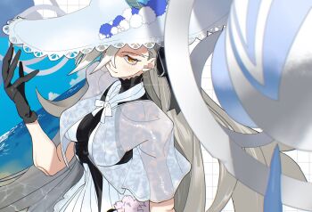 1girl black_gloves breasts capelet detached_horns dress earrings fate/grand_order fate_(series) gloves grey_hair hat highres himuro_yukichiko hoop_earrings horns huge_horns jewelry large_hat long_hair looking_at_viewer ocean olga_marie_animusphere orange_eyes ribbon see-through_capelet see-through_clothes sun_hat u-olga_marie u-olga_marie_(first_ascension) white_capelet white_dress white_ribbon