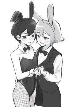 2boys absurdres animal_ear_hairband animal_ears antenna_hair bare_shoulders basil_(faraway)_(omori) basil_(omori) bow bowtie bright_pupils collarbone collared_shirt commentary_request crossdressing crossdressing_(mtf) crying crying_with_eyes_open double-parted_bangs fake_animal_ears fishnet_pantyhose fishnets greyscale hairband highres holding_hands hug leotard long_sleeves looking_at_another male_focus male_playboy_bunny monochrome multiple_boys omori open_mouth pants pantyhose rami_1300 shirt short_hair simple_background sketch sunny_(omori) tears wrist_cuffs