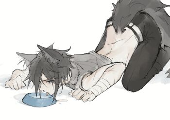 1boy absurdres all_fours animal_ears bandaged_wrist bandages belt black_pants blue_eyes bowl chinese_commentary claws clothes_lift commentary_request cookie_run cookie_run:_kingdom dobi_ya feet_out_of_frame furrowed_brow grey_hair grey_shirt highres humanization male_focus midriff milk pants pet_bowl scar scar_on_arm scar_on_back shirt shirt_lift shirt_rolled_up short_hair sidelocks simple_background sleeveless sleeveless_shirt slit_pupils solo swept_bangs tail tongue tongue_out top-down_bottom-up werewolf_cookie white_background white_belt wolf_boy wolf_ears wolf_tail