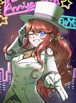 Rule 34 | blue eyes, blush, formal clothes, freckles, gemini sunrise, gloves, hair tie, hat, hat tip, highres, looking at viewer, official alternate costume, one eye closed, orange ribbon, ponytail, red hair, ribbon, sakura taisen, sakura taisen v, sidelocks, smile, suit, top hat, white gloves, white hat, white suit, zghw2