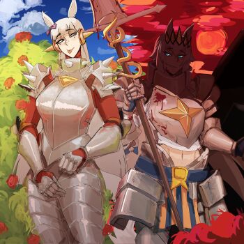 2girls absurdres ahoge alternate_costume animal_ears armor ballistic_shield blood blood_on_armor blue_eyes bow breastplate cape cupperexe full_armor full_moon gauntlets gloves gold_ship_(umamusume) gradient_sky grey_hair grey_tail hair_between_eyes hair_ornament highres holding holding_polearm holding_shield holding_weapon horse_ears horse_girl horse_tail knight lance long_hair looking_at_viewer medieval moon multicolored_hair multiple_girls oguri_cap_(umamusume) pauldrons polearm purple_bow red_moon red_sky shield shoulder_armor sky solo tail tongue tongue_out umamusume weapon