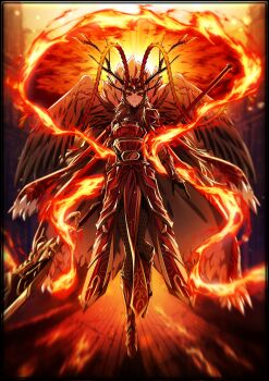 Rule 34 | 1girl, antennae, armor, boots, brown hair, brown wings, chinese armor, closed mouth, coat, coat on shoulders, e.g.o (project moon), feathered wings, fire, fire shawl, full body, gauntlets, gloves, gold trim, highres, library of ruina, long hair, looking at viewer, pelvic curtain, project moon, red armor, red boots, red coat, red eyes, red gloves, red ribbon, ribbon, scale print, shawl, solo, suillus, wings, xiao (project moon)