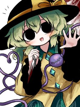 Rule 34 | 1girl, black hat, blood, bloody knife, bow, buttons, collared shirt, commentary request, contrast collar, diamond button, empty eyes, eyeball, floral print, frilled shirt collar, frilled sleeves, frills, green hair, green skirt, hat, hat bow, heart, heart of string, heripantomorrow, knife, komeiji koishi, long sleeves, looking at viewer, notice lines, open mouth, print skirt, rose print, shirt, skirt, smile, solo, third eye, touhou, wide sleeves, yellow bow, yellow shirt