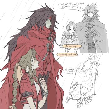 1boy 1girl aerith_gainsborough bangle belt black_hair boots bracelet braid braided_ponytail breasts brown_hair choker cloak closed_mouth cropped_jacket dress english_text final_fantasy final_fantasy_vii final_fantasy_vii_rebirth final_fantasy_vii_remake full_body hair_ribbon hand_on_own_chest headband highres jacket jewelry light_blush long_dress long_hair medium_breasts mmmckayyy multiple_belts multiple_views open_mouth parted_bangs pink_dress pink_ribbon rain red_cloak red_headband red_jacket ribbon sidelocks single_braid speech_bubble sweatdrop torn_cloak torn_clothes upper_body vincent_valentine white_background