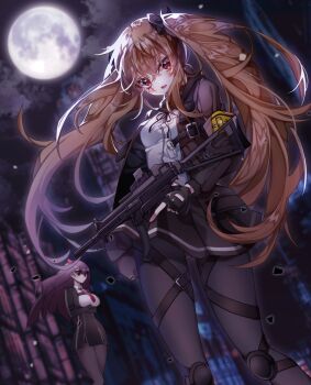 2girls armband backlighting black_gloves black_pantyhose black_ribbon black_skirt blazer blurry blurry_background breasts brown_hair building cityscape cloud cloudy_sky collared_shirt cowboy_shot dot_nose double-parted_bangs eyes_visible_through_hair fang fingerless_gloves framed_breasts girls'_frontline gloves gun h&amp;k_ump hair_between_eyes highres holding holding_gun holding_weapon jacket kithera knee_pads large_breasts long_hair long_sidelocks looking_at_viewer medium_breasts moon multiple_girls necktie night open_mouth outer_glow pantyhose purple_hair red_eyes red_necktie ribbon scar scar_across_eye scar_on_face shirt sidelocks skirt sky standing striped_blush submachine_gun teeth thigh_strap twintails two_side_up ump9_(girls'_frontline) very_long_hair wa2000_(girls'_frontline) walkie-talkie weapon white_shirt wind wind_lift yellow_armband