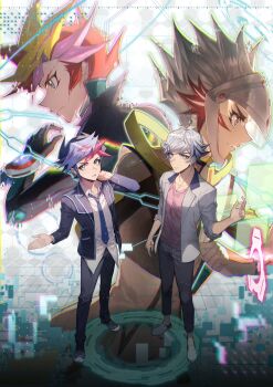 2boys absurdres alternate_form assault_visor black_gloves black_jacket black_pants black_track_suit black_trim blue_eyes blue_hair blue_necktie border colored_bangs digital_dissolve dress_shirt duel_disk colored_bangs electricity energy_ring erichidayo facing_to_the_side fujiki_yusaku gloves green_eyes green_trim grey_eyes grey_footwear headgear highres hologram holographic_interface jacket kogami_ryoken looking_to_the_side multicolored_hair multiple_boys necktie ok_sign open_clothes open_jacket ornate_border outstretched_hand pants pink_shirt playmaker_(yu-gi-oh!) popped_collar red_hair red_trim revolver_(yu-gi-oh!) school_uniform shirt sleeves_rolled_up spiked_hair streaked_hair technology track_suit untucked_shirt user_interface virtual_reality white_background white_footwear white_hair white_jacket white_shirt white_visor wind yu-gi-oh! yu-gi-oh!_vrains