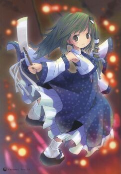 1girl absurdres blurry bokeh brown_eyes depth_of_field detached_sleeves female_focus frills frog_hair_ornament gohei green_hair hair_ornament hair_tubes highres japanese_clothes kochiya_sanae light_particles long_hair long_sleeves looking_at_viewer looking_back miko oonusa outstretched_arm parted_lips pop scan shirt skirt skirt_set snake_hair_ornament socks solo touhou vest white_socks wide_sleeves