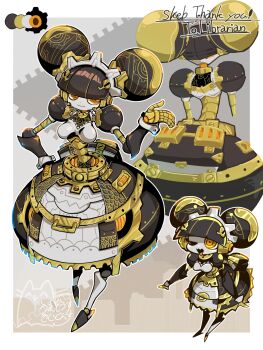 1girl back breasts check_hair_ornament chibi commentary from_behind gears highres humanoid_robot joints large_breasts multiple_persona one_eye_closed open_mouth original robot robot_girl robot_joints signature solo uma_sow yellow_eyes