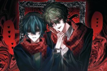 2boys absurdres aqua_hair black_jacket blue_jacket collared_shirt commentary green_eyes green_hair green_hat green_shirt hair_between_eyes hand_on_another's_wrist hat heart highres hiyori_sou jacket kimi_ga_shine male_focus midori_(kimi_ga_shine) moyu_shuang multiple_boys necktie open_clothes open_jacket picture_frame polka_dot polka_dot_scarf red_background red_necktie red_scarf scarf shirt short_hair smile symbol-only_commentary wavy_background white_shirt yandere yaoi