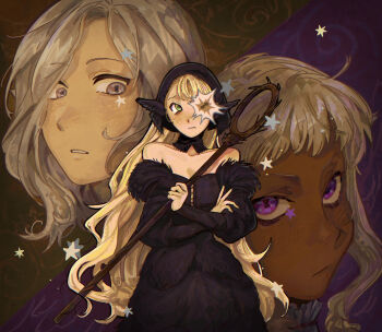 1girl 2boys ambrosia_(dungeon_meshi) black_dress blonde_hair collarbone commentary crossed_arms dark-skinned_male dark_skin dress dungeon_meshi elf green_eyes grey_eyes highres holding holding_staff long_hair looking_at_viewer marcille_donato marcille_donato_(lord) mithrun multiple_boys parted_lips pointy_ears purple_eyes spoilers staff star_(symbol) thistle_(dungeon_meshi) white_hair wormontwostrings
