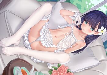 1girl aoi_kumiko armchair babydoll bad_tag blue_eyes blush bra breasts chair closed_mouth commentary_request couch cup feet flat_chest flower full_body gloves hair_flower hair_ornament lingerie looking_at_viewer medium_hair navel nipples no_shoes original panties pillow purple_hair ribbon rose see-through_clothes see-through_legwear see-through_shirt shirt sitting skirt small_breasts solo teacup thighhighs thong underwear upskirt white_panties white_ribbon white_skirt white_thighhighs